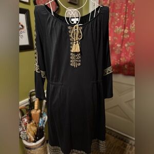 J. Jill Boho Black Dress with Gold Yellow Embroidered Tassel Detail L